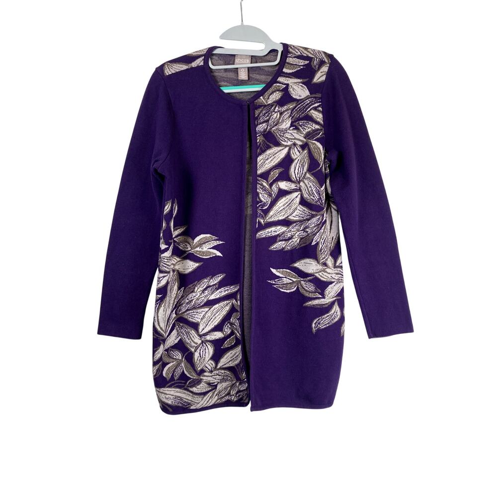 Chico's "Lovely Leafs" women's purple & gray cardigan.